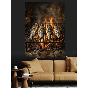 Ateş Üzerinde Izgara Balık Keyfi Dekoratif Kanvas - Mdf Ahşap Tablo 50x70 cm