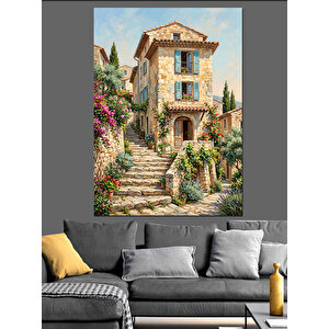Çiçekli Taş Ev Ve Bahçe Dekoratif Kanvas - Mdf Ahşap Tablo 100x140 cm