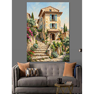 Çiçekli Taş Ev Ve Bahçe Dekoratif Kanvas - Mdf Ahşap Tablo 100x140 cm