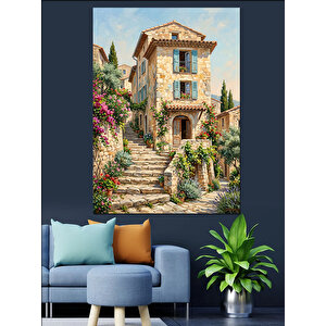 Çiçekli Taş Ev Ve Bahçe Dekoratif Kanvas - Mdf Ahşap Tablo 100x140 cm