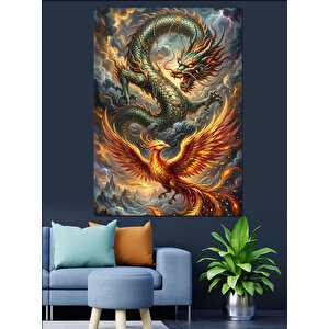Alevler İçinden Doğan Ejderha Ve Anka Dekoratif Kanvas - Mdf Ahşap Tablo 50x70 cm
