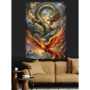 Alevler İçinden Doğan Ejderha Ve Anka Dekoratif Kanvas - Mdf Ahşap Tablo 50x70 cm
