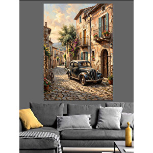 Eski Şehir Sokağında Klasik Araba Dekoratif Kanvas - Mdf Ahşap Tablo 50x70 cm