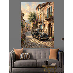 Eski Şehir Sokağında Klasik Araba Dekoratif Kanvas - Mdf Ahşap Tablo 50x70 cm