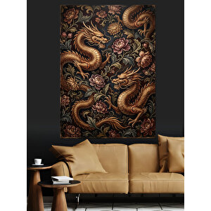 Altın Ejderha Motifli Kumaş Deseni Dekoratif Kanvas - Mdf Ahşap Tablo 50x70 cm