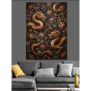 Altın Ejderha Motifli Kumaş Deseni Dekoratif Kanvas - Mdf Ahşap Tablo 50x70 cm