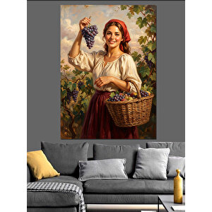 Üzüm Sepeti Taşıyan Güler Kadın Dekoratif Kanvas - Mdf Ahşap Tablo 70x100 cm