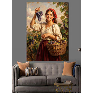 Üzüm Sepeti Taşıyan Güler Kadın Dekoratif Kanvas - Mdf Ahşap Tablo 70x100 cm