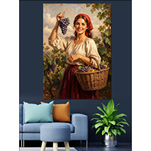 Üzüm Sepeti Taşıyan Güler Kadın Dekoratif Kanvas - Mdf Ahşap Tablo 70x100 cm