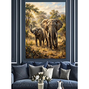 Savana Yolunda Anne Yavru Fil Dekoratif Kanvas - Mdf Ahşap Tablo 50x70 cm