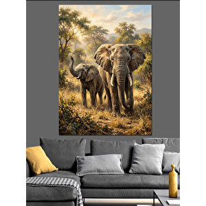 Savana Yolunda Anne Yavru Fil Dekoratif Kanvas - Mdf Ahşap Tablo 50x70 cm