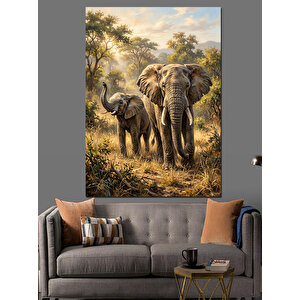 Savana Yolunda Anne Yavru Fil Dekoratif Kanvas - Mdf Ahşap Tablo 50x70 cm