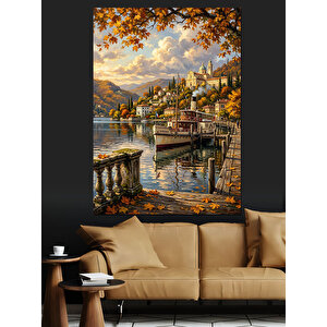 Sonbaharda Göl Kenarı Dağ Evi Dekoratif Kanvas - Mdf Ahşap Tablo 100x140 cm
