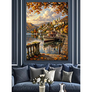 Sonbaharda Göl Kenarı Dağ Evi Dekoratif Kanvas - Mdf Ahşap Tablo 100x140 cm