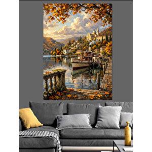 Sonbaharda Göl Kenarı Dağ Evi Dekoratif Kanvas - Mdf Ahşap Tablo 100x140 cm