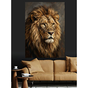 Altın Yeleli Heybetli Aslan Portresi Dekoratif Kanvas - Mdf Ahşap Tablo 100x140 cm