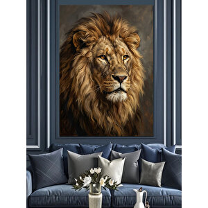 Altın Yeleli Heybetli Aslan Portresi Dekoratif Kanvas - Mdf Ahşap Tablo 100x140 cm