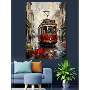 Yağmurlu İstanbul Sokağı Ve Tramvay Dekoratif Kanvas - Mdf Ahşap Tablo 70x100 cm