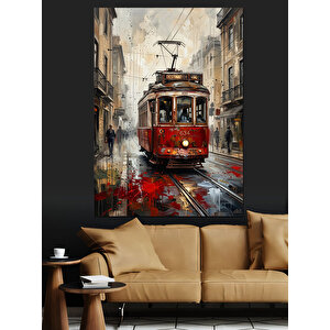 Yağmurlu İstanbul Sokağı Ve Tramvay Dekoratif Kanvas - Mdf Ahşap Tablo 70x100 cm