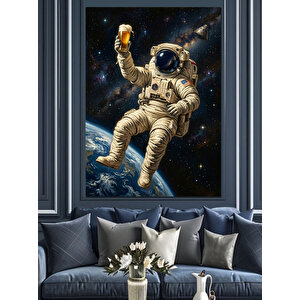 Bira İçen Astronot Uzay Boşluğu Dekoratif Kanvas - Mdf Ahşap Tablo 50x70 cm