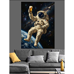 Bira İçen Astronot Uzay Boşluğu Dekoratif Kanvas - Mdf Ahşap Tablo 50x70 cm