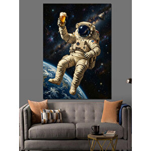 Bira İçen Astronot Uzay Boşluğu Dekoratif Kanvas - Mdf Ahşap Tablo 50x70 cm