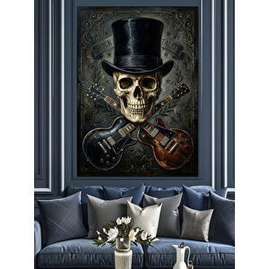 Silindir Şapkalı Kurukafa Ve Gitarlar Dekoratif Kanvas - Mdf Ahşap Tablo 100x140 cm