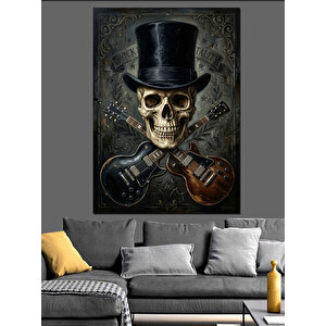 Silindir Şapkalı Kurukafa Ve Gitarlar Dekoratif Kanvas - Mdf Ahşap Tablo 100x140 cm