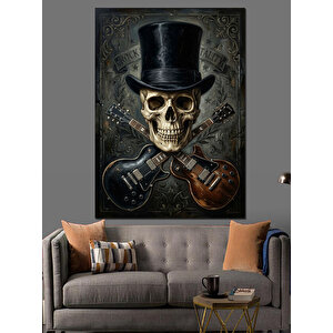 Silindir Şapkalı Kurukafa Ve Gitarlar Dekoratif Kanvas - Mdf Ahşap Tablo 100x140 cm