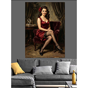 Kırmızı Koltukta Oturan Şık Kadın Dekoratif Kanvas - Mdf Ahşap Tablo 100x140 cm