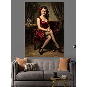 Kırmızı Koltukta Oturan Şık Kadın Dekoratif Kanvas - Mdf Ahşap Tablo 100x140 cm