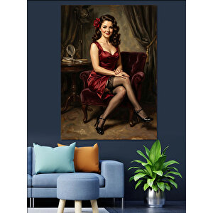 Kırmızı Koltukta Oturan Şık Kadın Dekoratif Kanvas - Mdf Ahşap Tablo 100x140 cm
