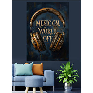 Dünya Kapalı Müzik Açık Yazısı Dekoratif Kanvas - Mdf Ahşap Tablo 100x140 cm