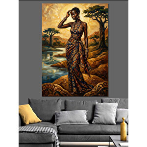 Egzotik Takılı Afrikalı Kadın Portresi Dekoratif Kanvas - Mdf Ahşap Tablo 70x100 cm