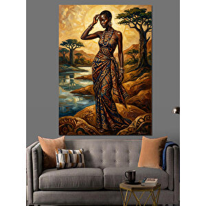 Egzotik Takılı Afrikalı Kadın Portresi Dekoratif Kanvas - Mdf Ahşap Tablo 70x100 cm