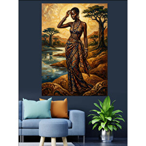 Egzotik Takılı Afrikalı Kadın Portresi Dekoratif Kanvas - Mdf Ahşap Tablo 70x100 cm