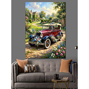 Çiçekli Yolda Klasik Kırmızı Araba Dekoratif Kanvas - Mdf Ahşap Tablo 100x140 cm