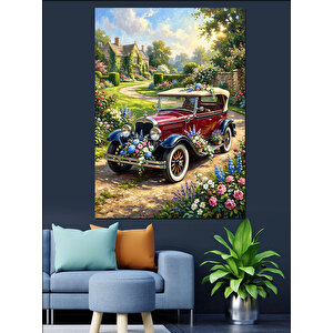 Çiçekli Yolda Klasik Kırmızı Araba Dekoratif Kanvas - Mdf Ahşap Tablo 100x140 cm