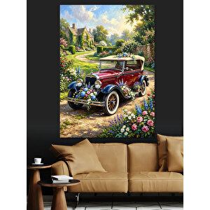 Çiçekli Yolda Klasik Kırmızı Araba Dekoratif Kanvas - Mdf Ahşap Tablo 100x140 cm