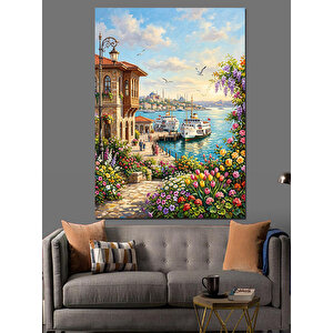 Çiçekli Balkondan Liman Ve Deniz Dekoratif Kanvas - Mdf Ahşap Tablo 100x140 cm
