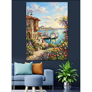Çiçekli Balkondan Liman Ve Deniz Dekoratif Kanvas - Mdf Ahşap Tablo 100x140 cm