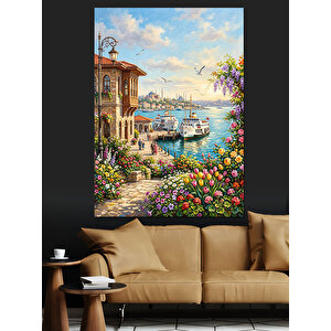 Çiçekli Balkondan Liman Ve Deniz Dekoratif Kanvas - Mdf Ahşap Tablo 100x140 cm