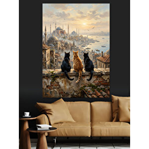 İstanbul Boğazında Üç Sevimli Kedi Dekoratif Kanvas - Mdf Ahşap Tablo 50x70 cm