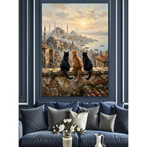 İstanbul Boğazında Üç Sevimli Kedi Dekoratif Kanvas - Mdf Ahşap Tablo 50x70 cm