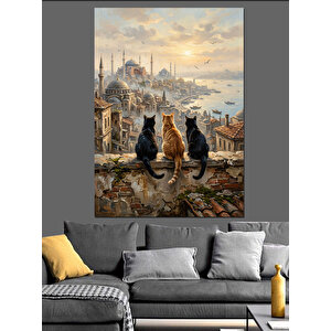 İstanbul Boğazında Üç Sevimli Kedi Dekoratif Kanvas - Mdf Ahşap Tablo 50x70 cm