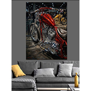 Krom Detaylı Klasik Motosiklet Yakın Çekim Dekoratif Kanvas - Mdf Ahşap Tablo 100x140 cm