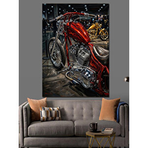 Krom Detaylı Klasik Motosiklet Yakın Çekim Dekoratif Kanvas - Mdf Ahşap Tablo 100x140 cm