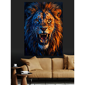 Turuncu Ve Mavi Işıklı Aslan Dekoratif Kanvas - Mdf Ahşap Tablo 100x140 cm