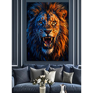 Turuncu Ve Mavi Işıklı Aslan Dekoratif Kanvas - Mdf Ahşap Tablo 100x140 cm