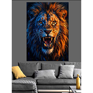 Turuncu Ve Mavi Işıklı Aslan Dekoratif Kanvas - Mdf Ahşap Tablo 100x140 cm